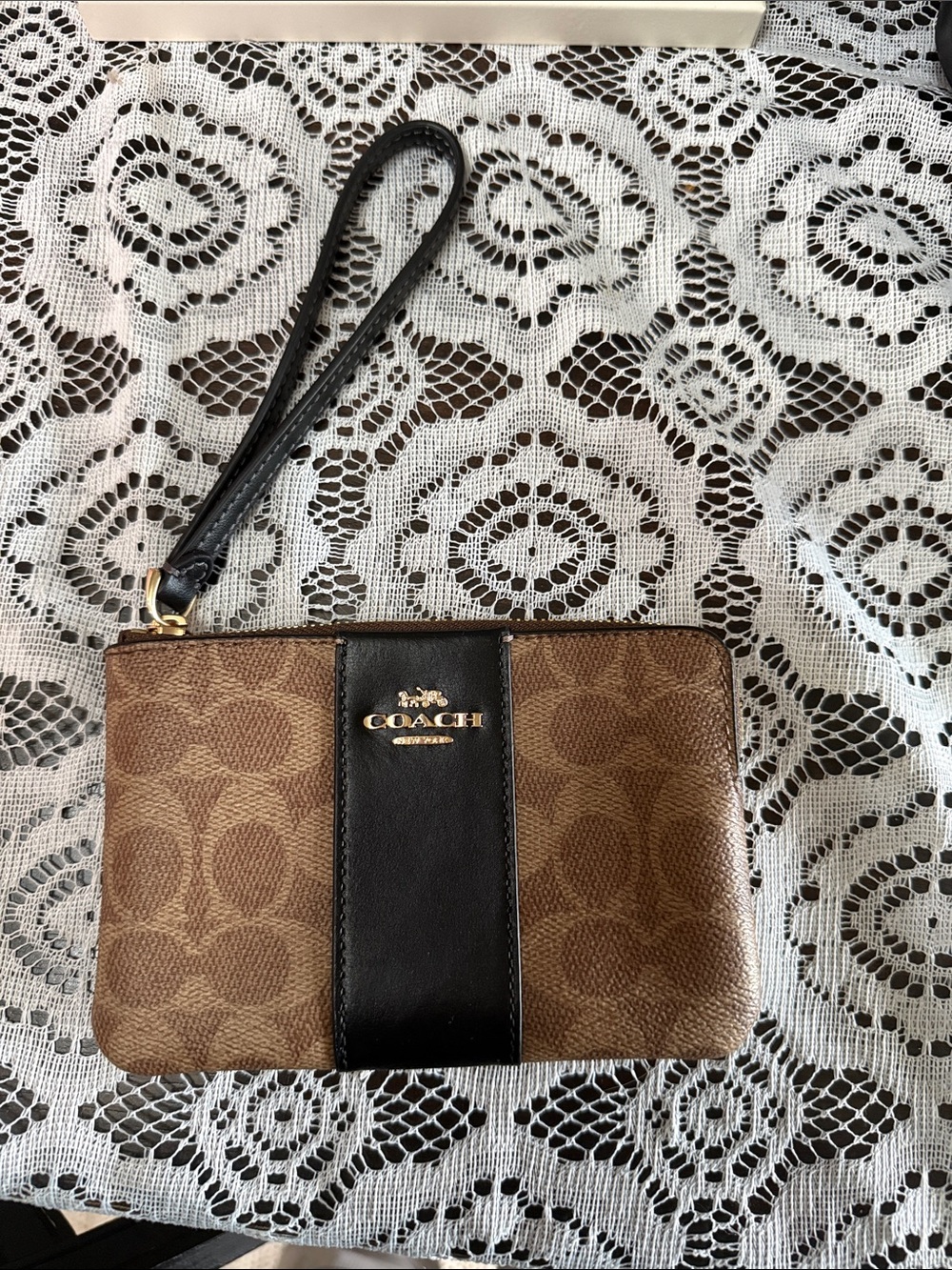 COACH Brown Signature Canvas Wristlet with Black Leather Stripe
